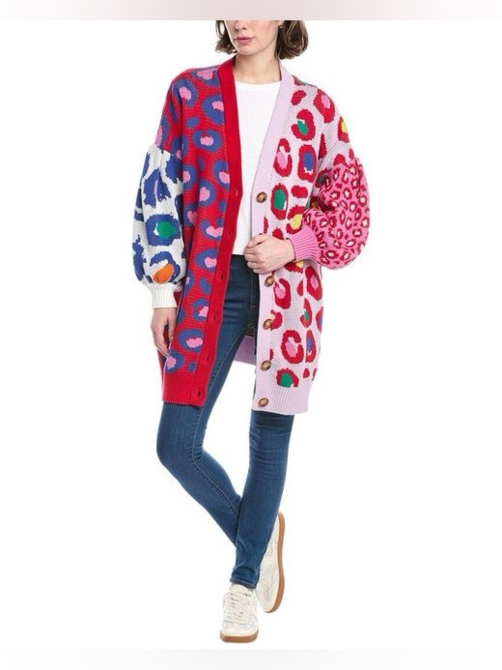FARM Rio Leopard Pop Cardigan L Colorblock Animal Print Puff Sleeve Cotton Knit